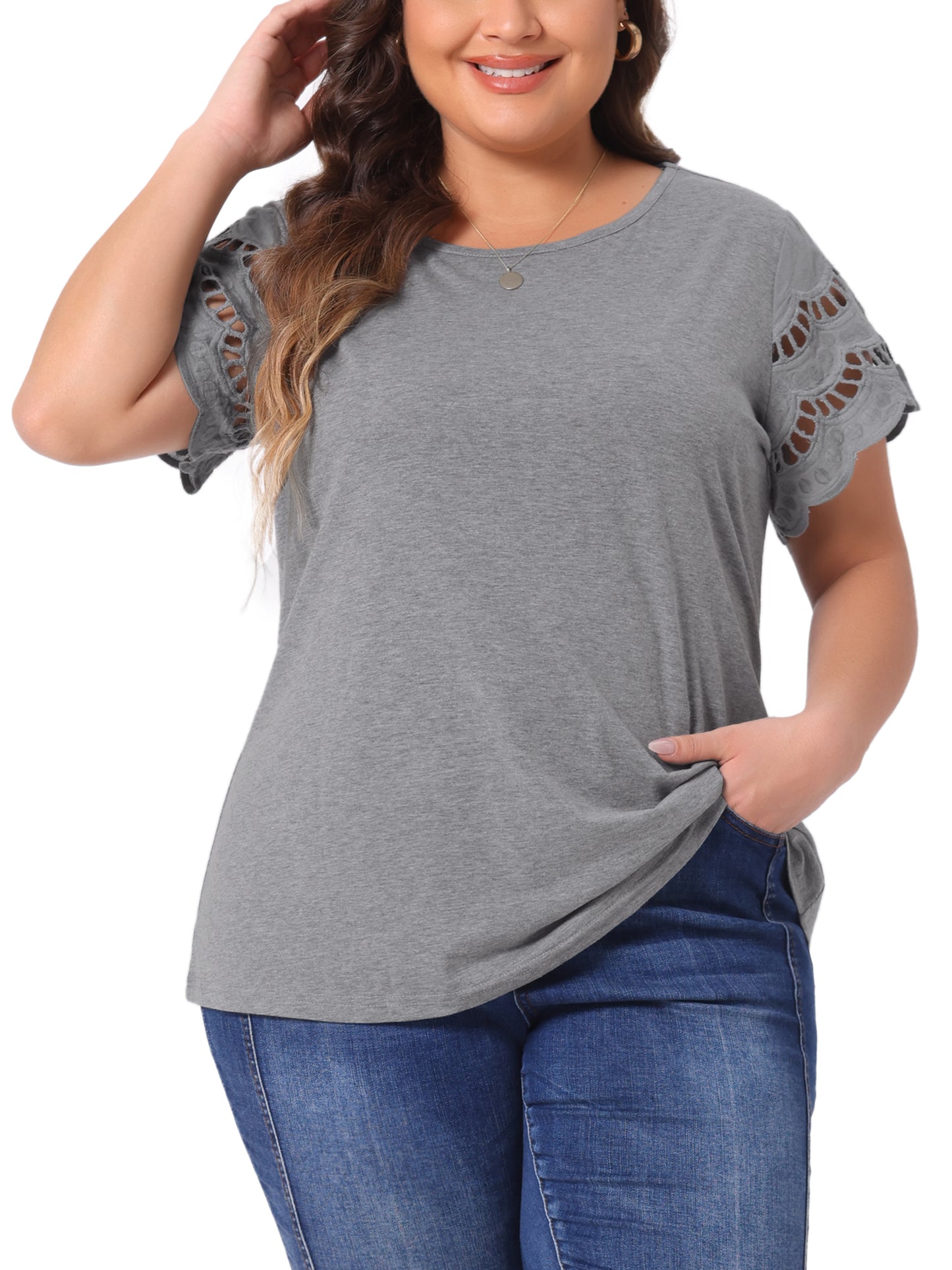 Women's Plus Size Top Round Neck Lace Panel Hollow Short Sleeve Elegant Summer Blouse