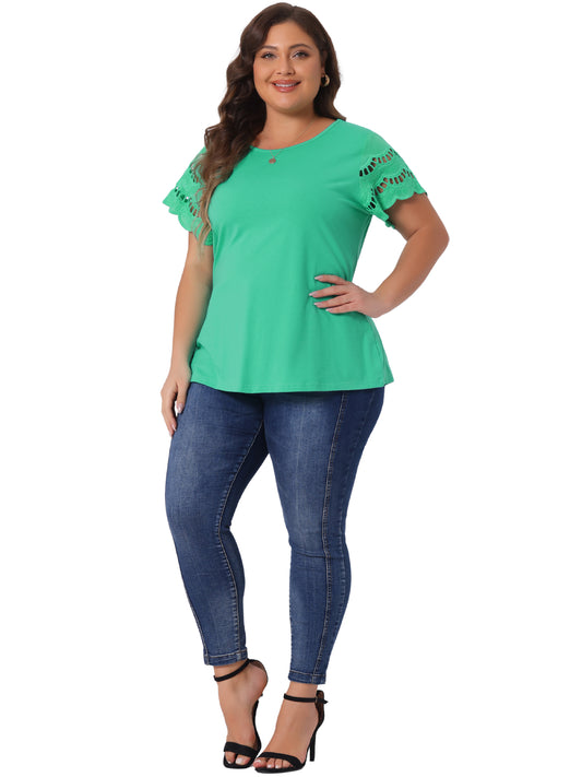 Women's Plus Size Top Round Neck Lace Panel Hollow Short Sleeve Elegant Summer Blouse