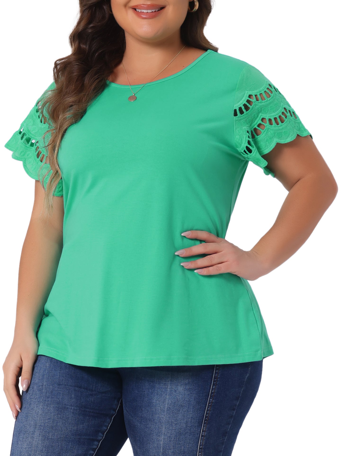 Women's Plus Size Top Round Neck Lace Panel Hollow Short Sleeve Elegant Summer Blouse