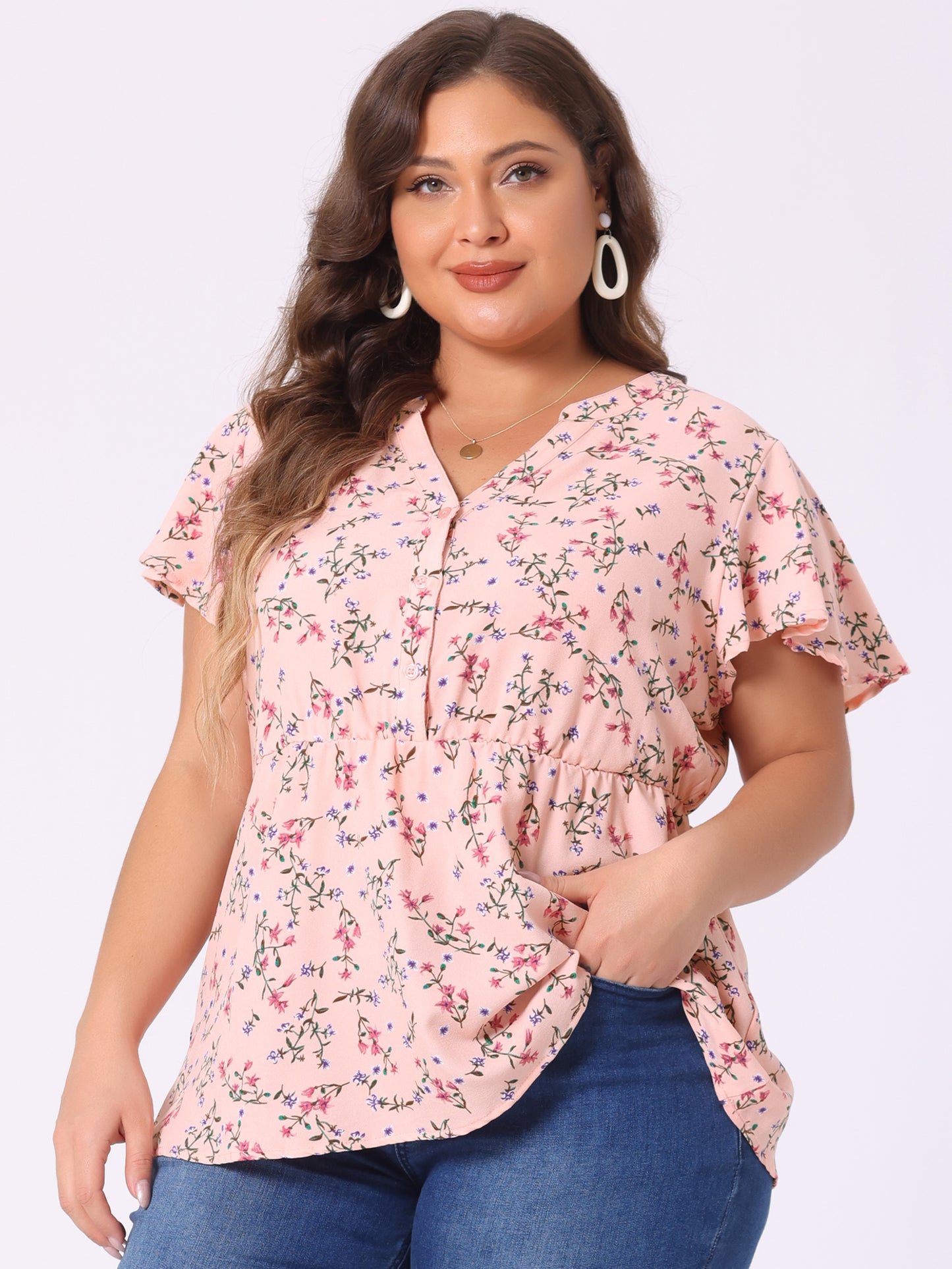 Women's Plus Size Floral Tops Elastic Waist Lightweight Chiffon Blouses Summer Top