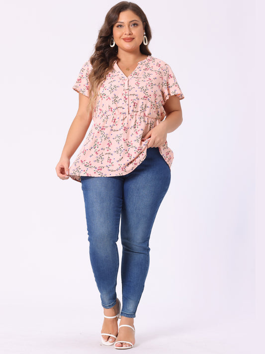 Women's Plus Size Floral Tops Elastic Waist Lightweight Chiffon Blouses Summer Top