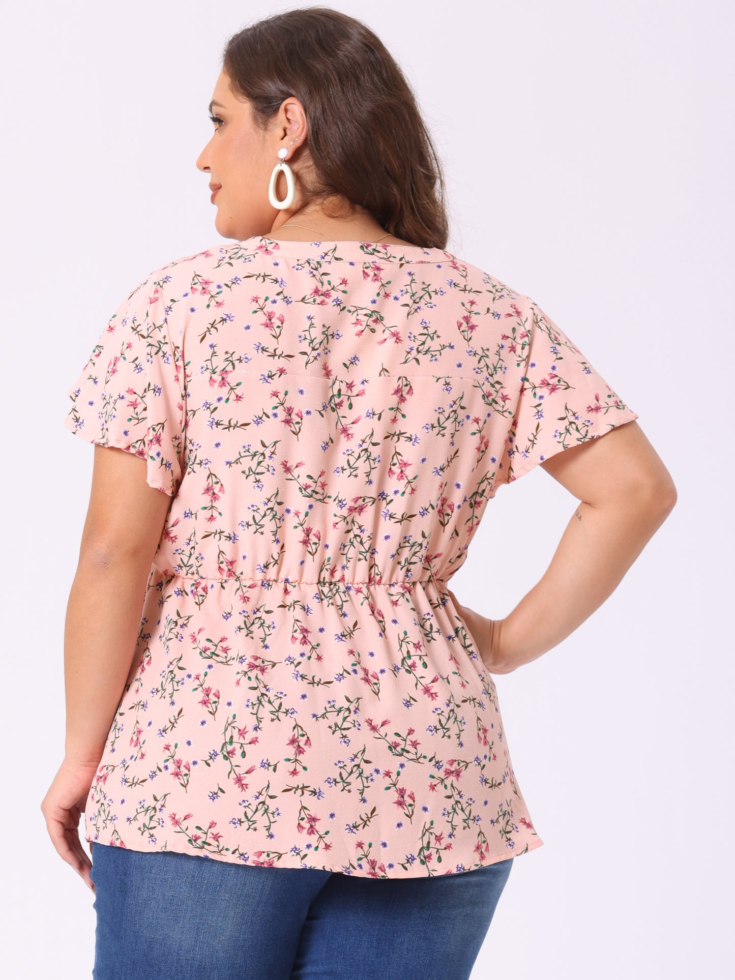 Women's Plus Size Floral Tops Elastic Waist Lightweight Chiffon Blouses Summer Top