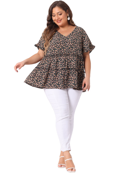 Women's Plus Size Blouse Summer Tops V Neck Short Sleeve Boho Floral Babydolls Blouse