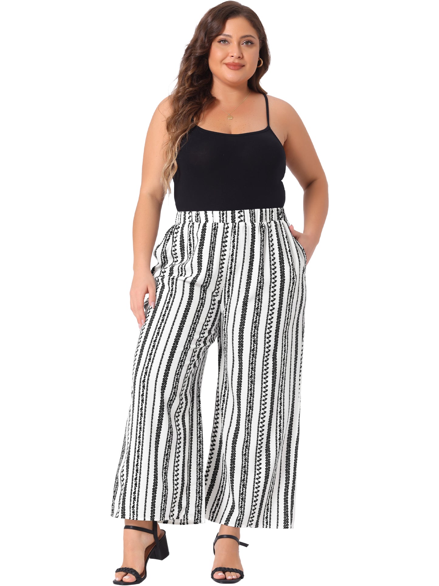 Women Plus Size Palazzo Pants Stripe Boho Wide Leg Paper Bag Pants Beach Casual Summer