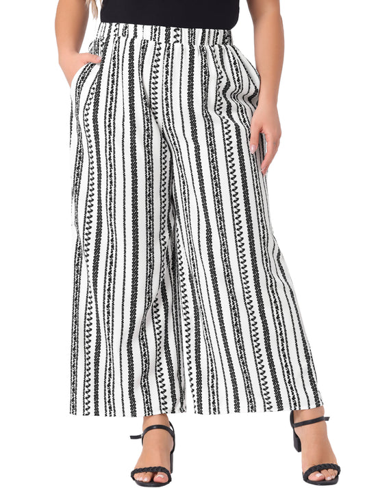 Women Plus Size Palazzo Pants Stripe Boho Wide Leg Paper Bag Pants Beach Casual Summer