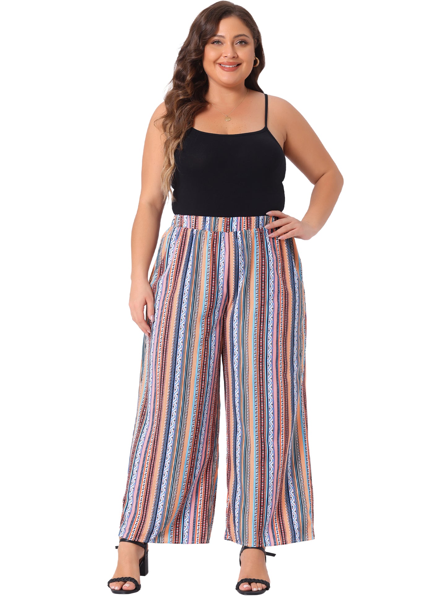 Women Plus Size Palazzo Pants Stripe Boho Wide Leg Paper Bag Pants Beach Casual Summer