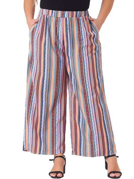 Women Plus Size Palazzo Pants Stripe Boho Wide Leg Paper Bag Pants Beach Casual Summer
