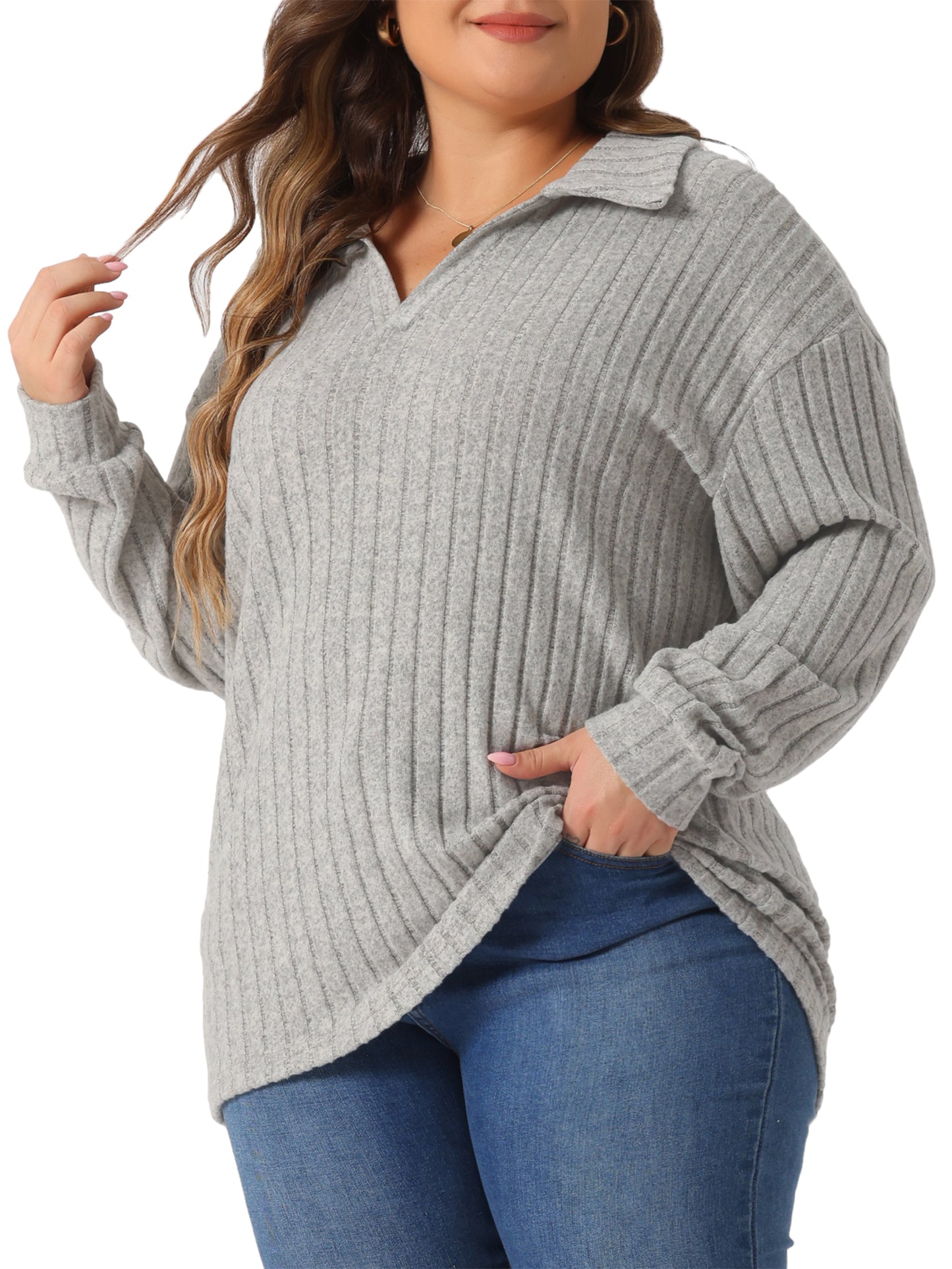 Women's Plus Size Loose Polo V Neck Long Sleeve T Shirts Casual Collared Ribbed Brushed Top Sweater