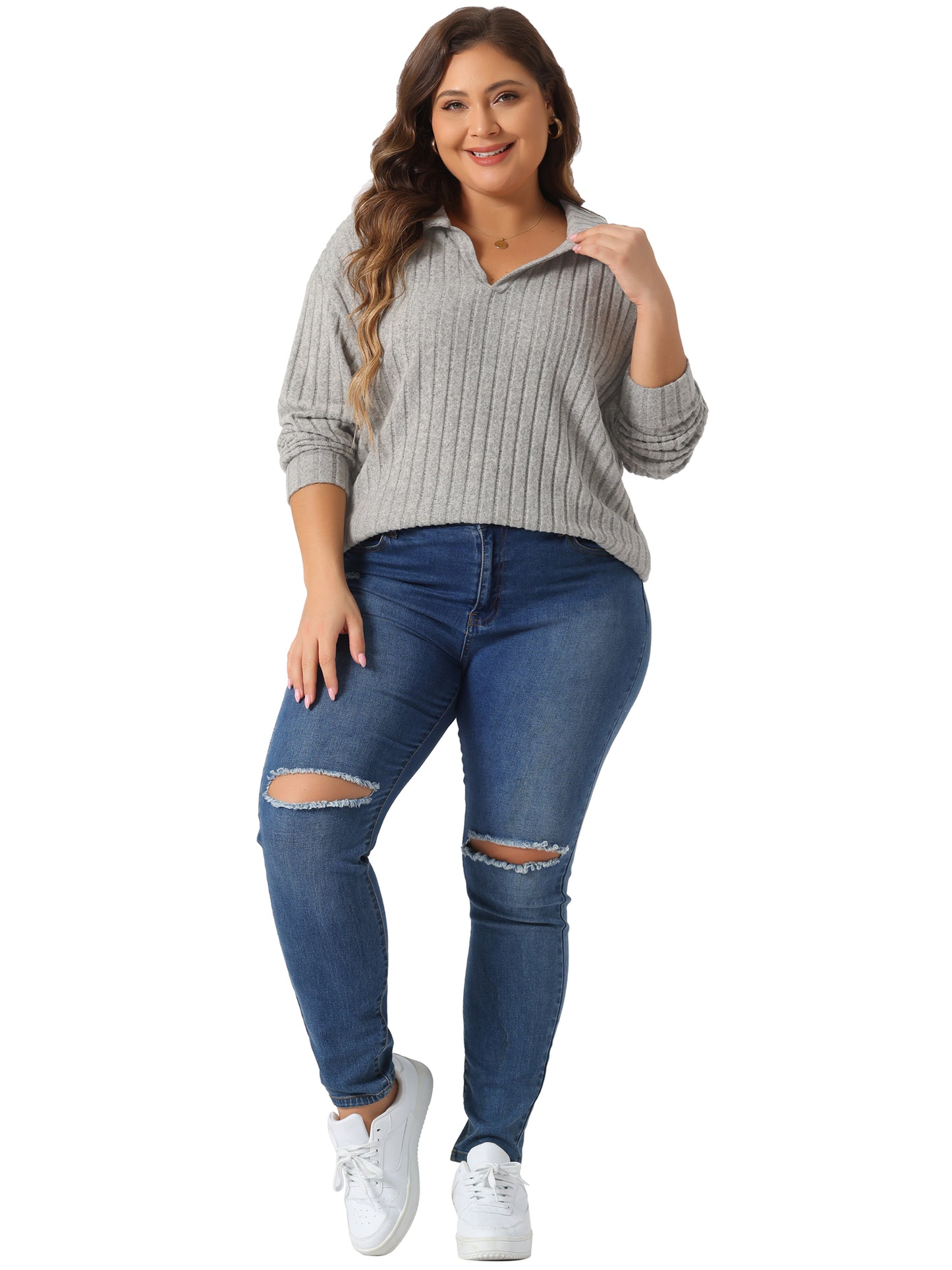 Women's Plus Size Loose Polo V Neck Long Sleeve T Shirts Casual Collared Ribbed Brushed Top Sweater