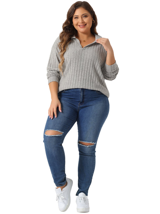 Women's Plus Size Loose Polo V Neck Long Sleeve T Shirts Casual Collared Ribbed Brushed Top Sweater