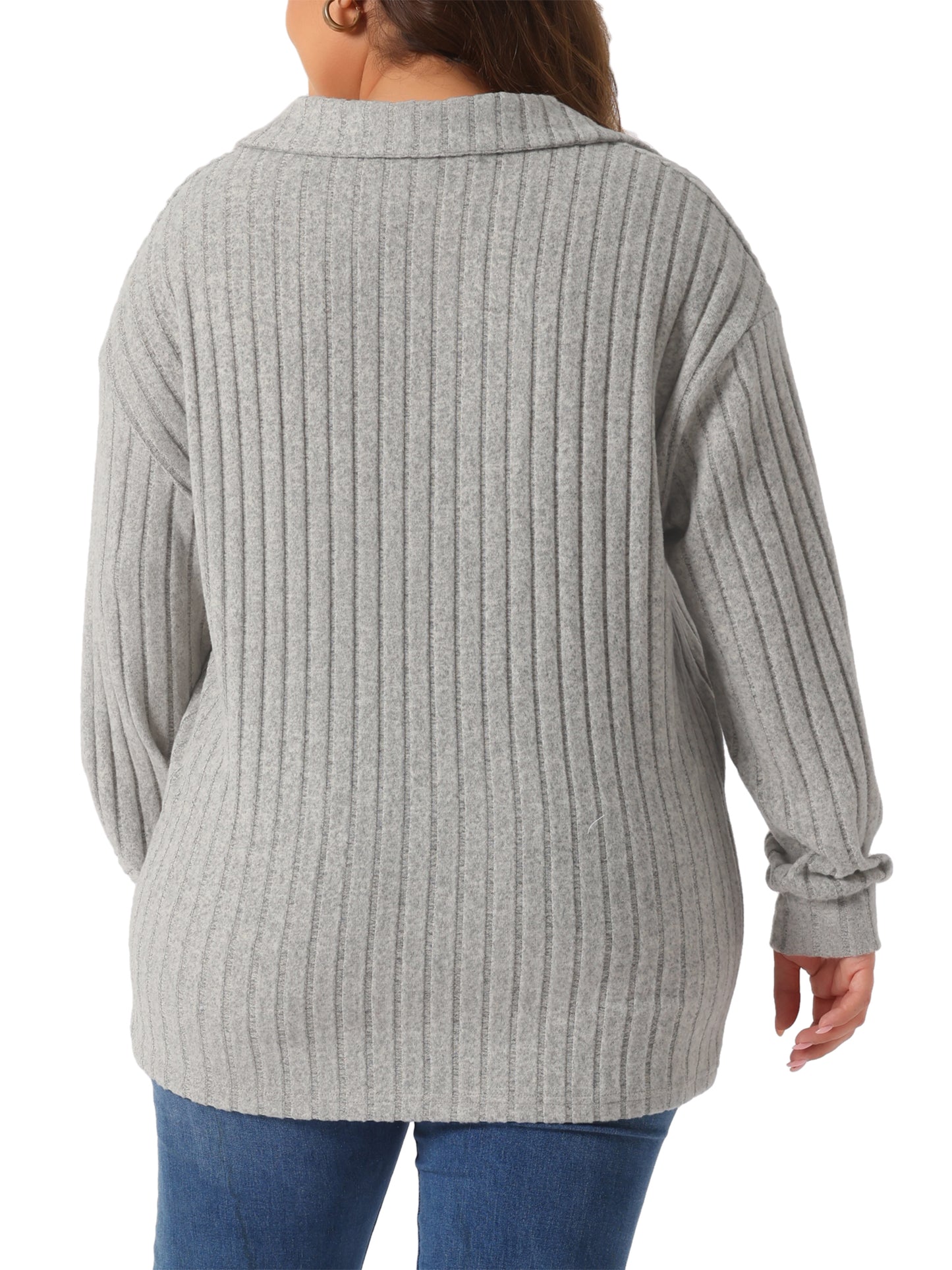Women's Plus Size Loose Polo V Neck Long Sleeve T Shirts Casual Collared Ribbed Brushed Top Sweater