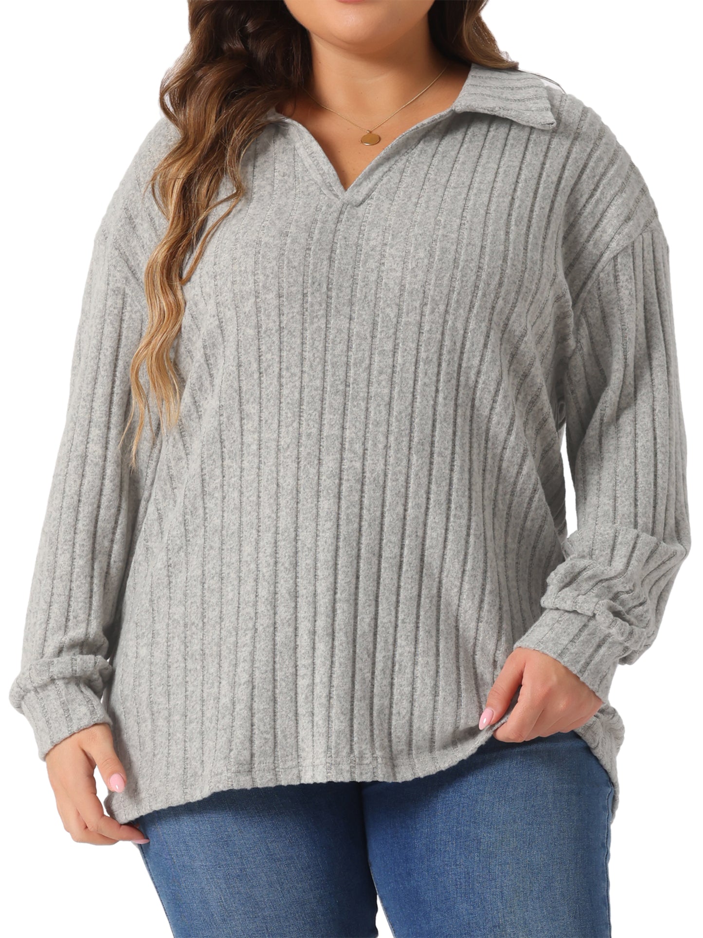 Women's Plus Size Loose Polo V Neck Long Sleeve T Shirts Casual Collared Ribbed Brushed Top Sweater