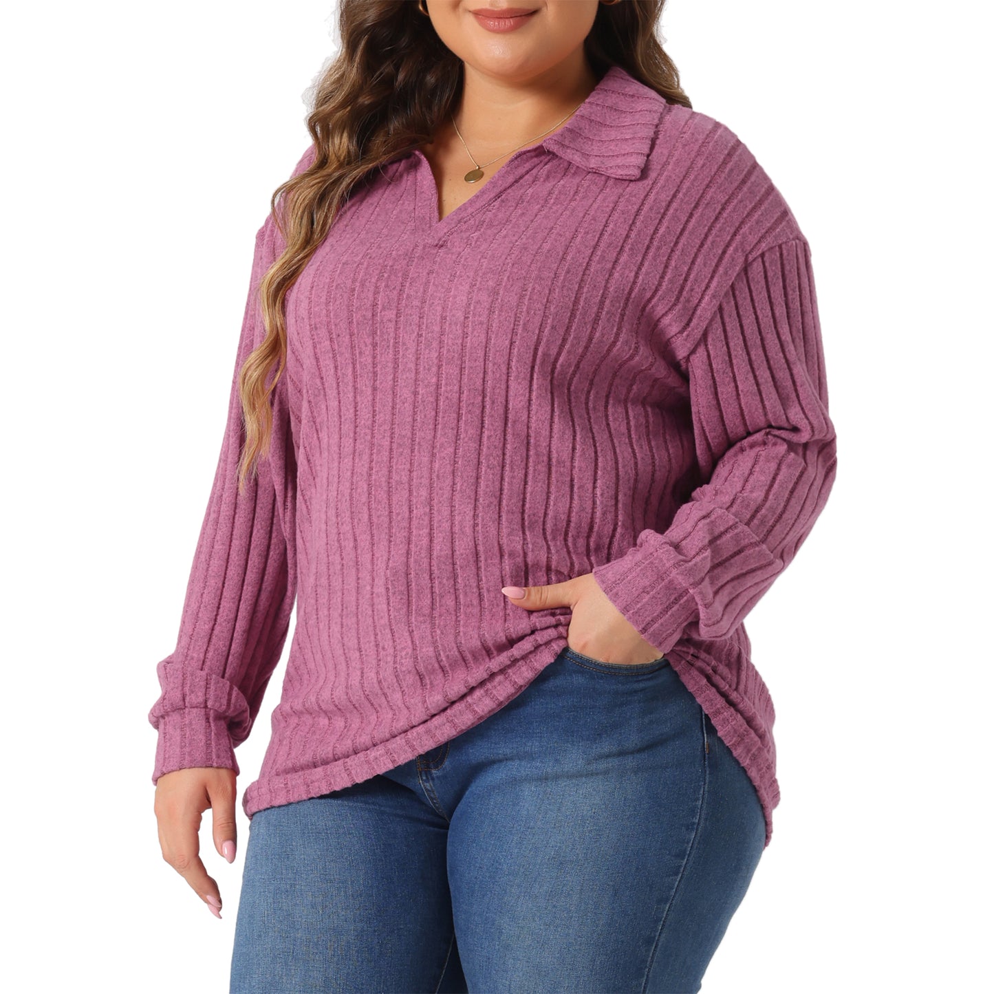 Women's Plus Size Loose Polo V Neck Long Sleeve T Shirts Casual Collared Ribbed Brushed Top Sweater