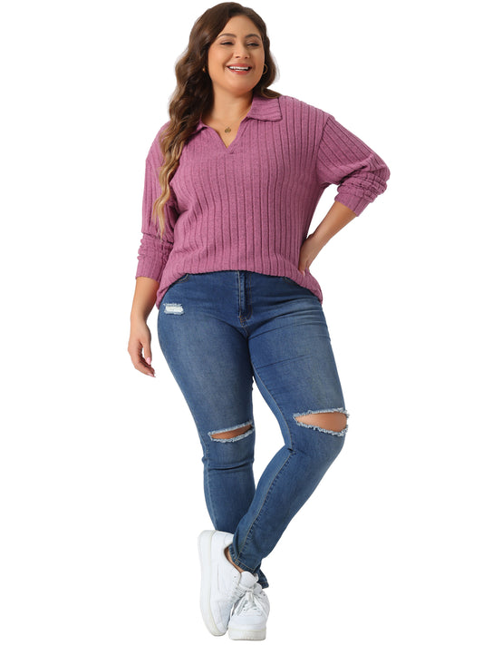 Women's Plus Size Loose Polo V Neck Long Sleeve T Shirts Casual Collared Ribbed Brushed Top Sweater
