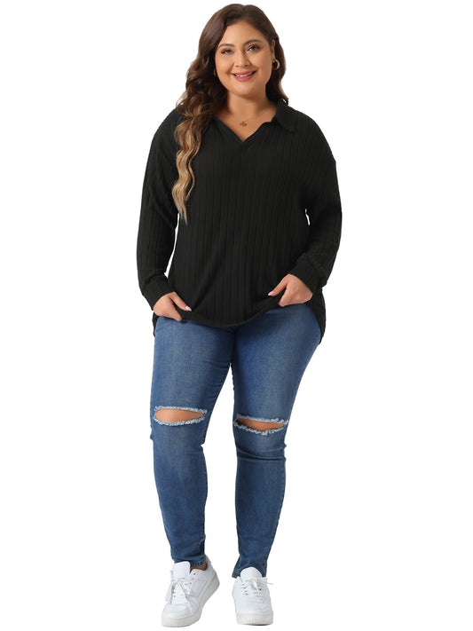Women's Plus Size Loose Polo V Neck Long Sleeve T Shirts Casual Collared Ribbed Brushed Top Sweater