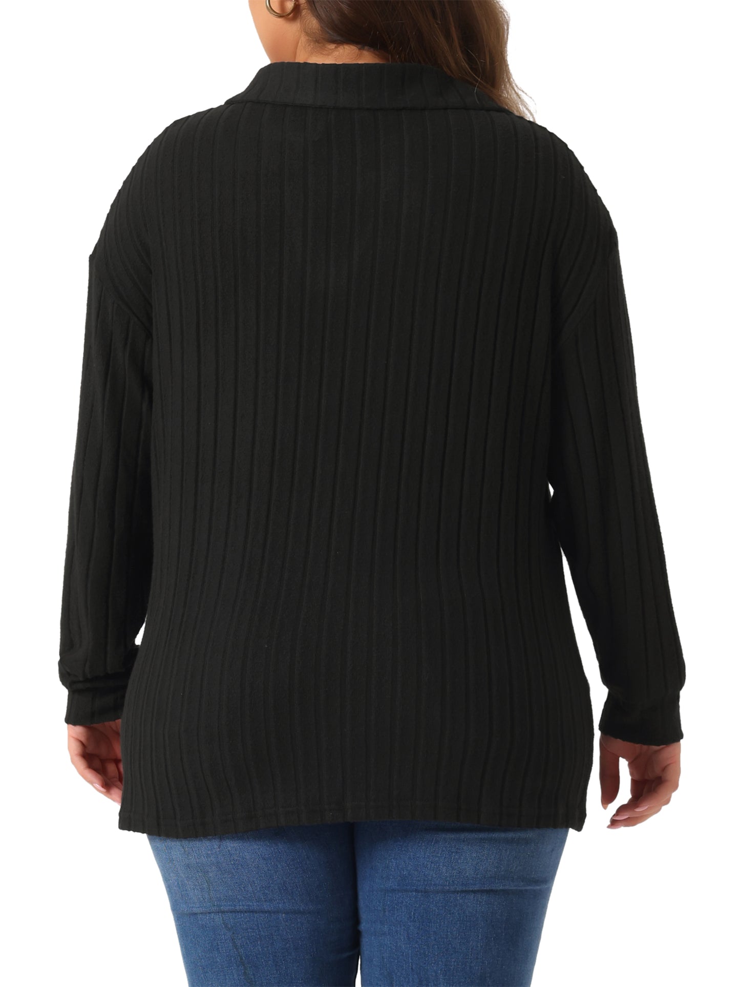 Women's Plus Size Loose Polo V Neck Long Sleeve T Shirts Casual Collared Ribbed Brushed Top Sweater