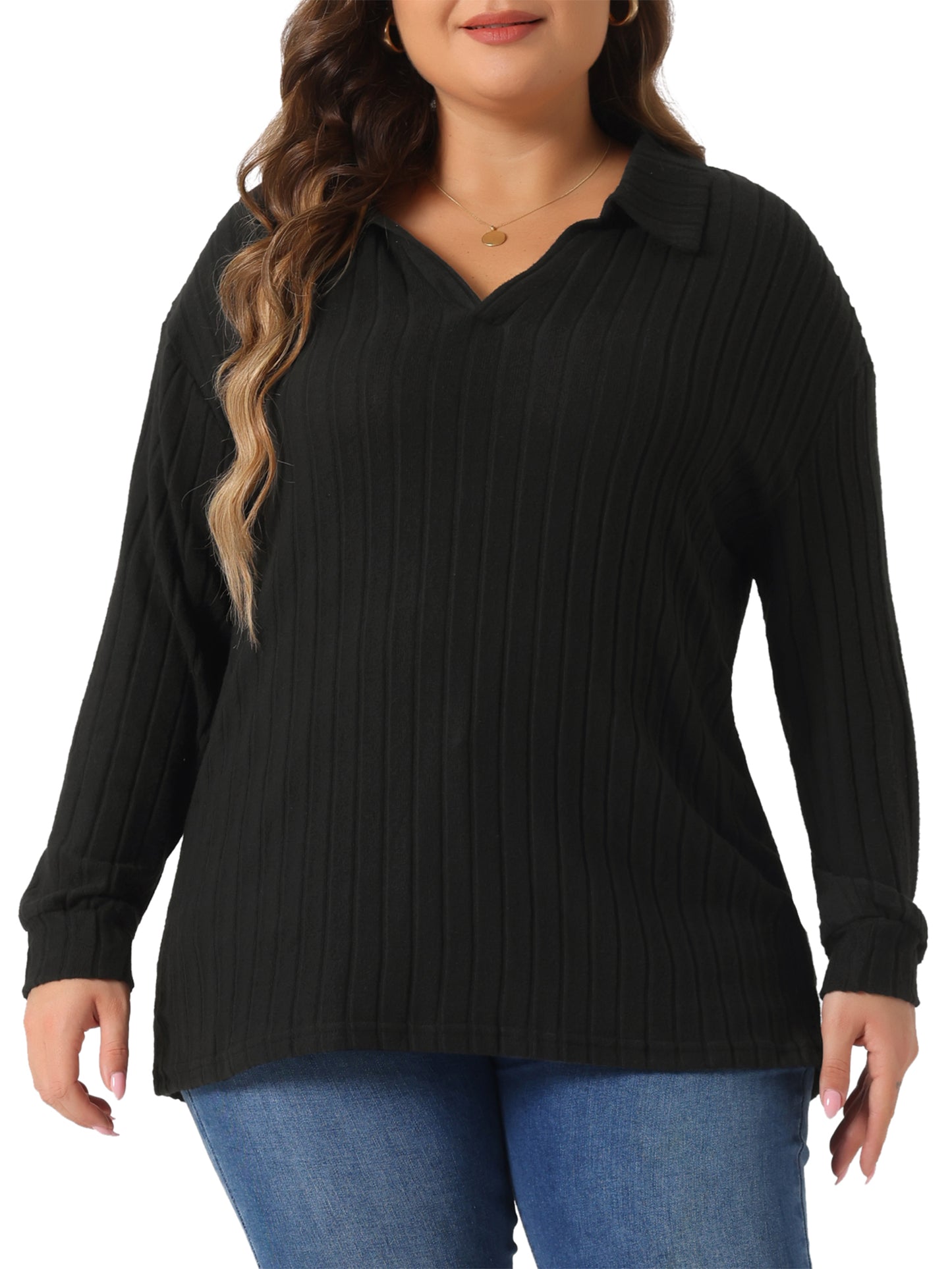 Women's Plus Size Loose Polo V Neck Long Sleeve T Shirts Casual Collared Ribbed Brushed Top Sweater