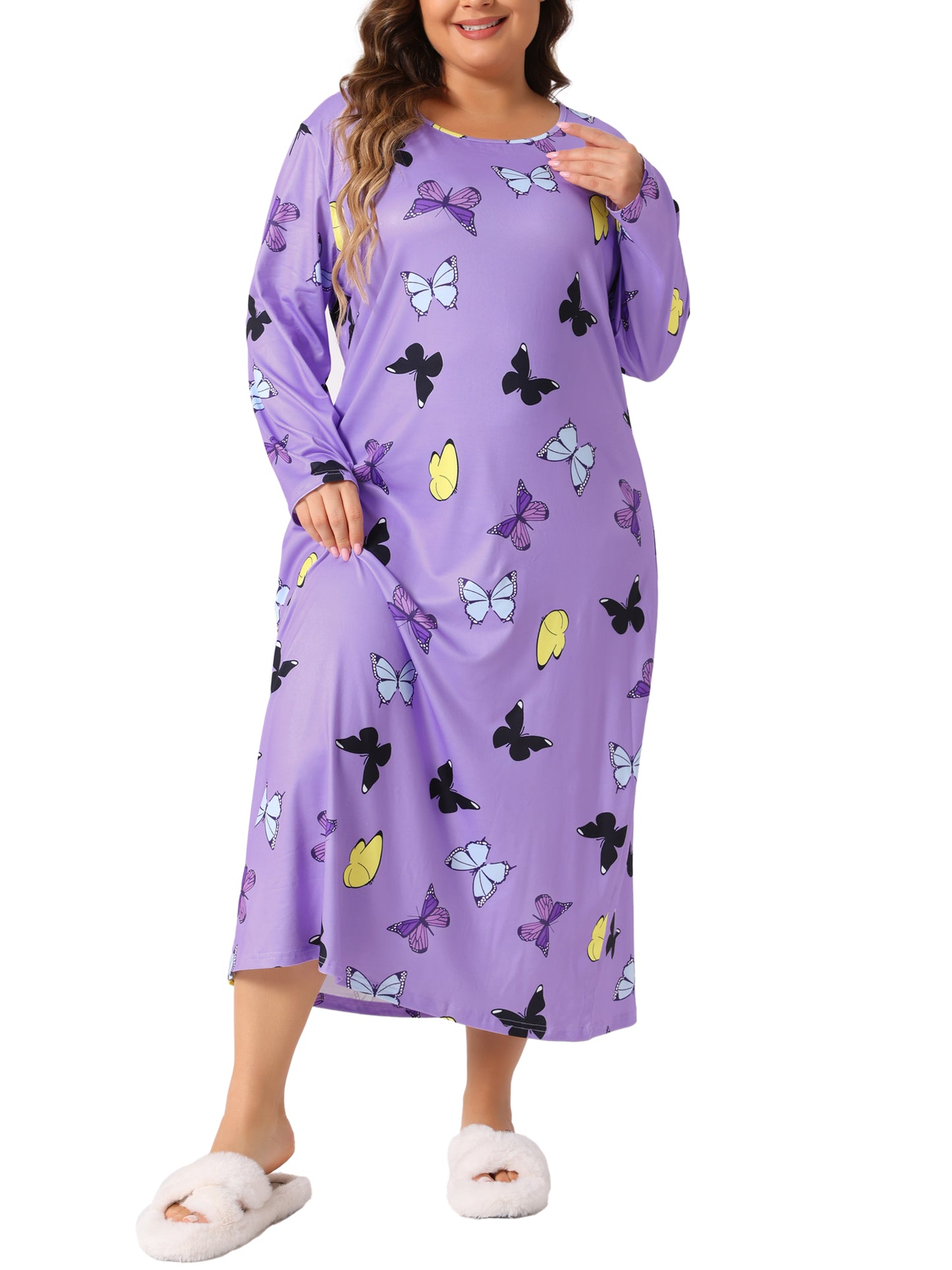 Women Plus Size Pajamas Crew Neck Long Sleeve Casual Print Sleep Dress