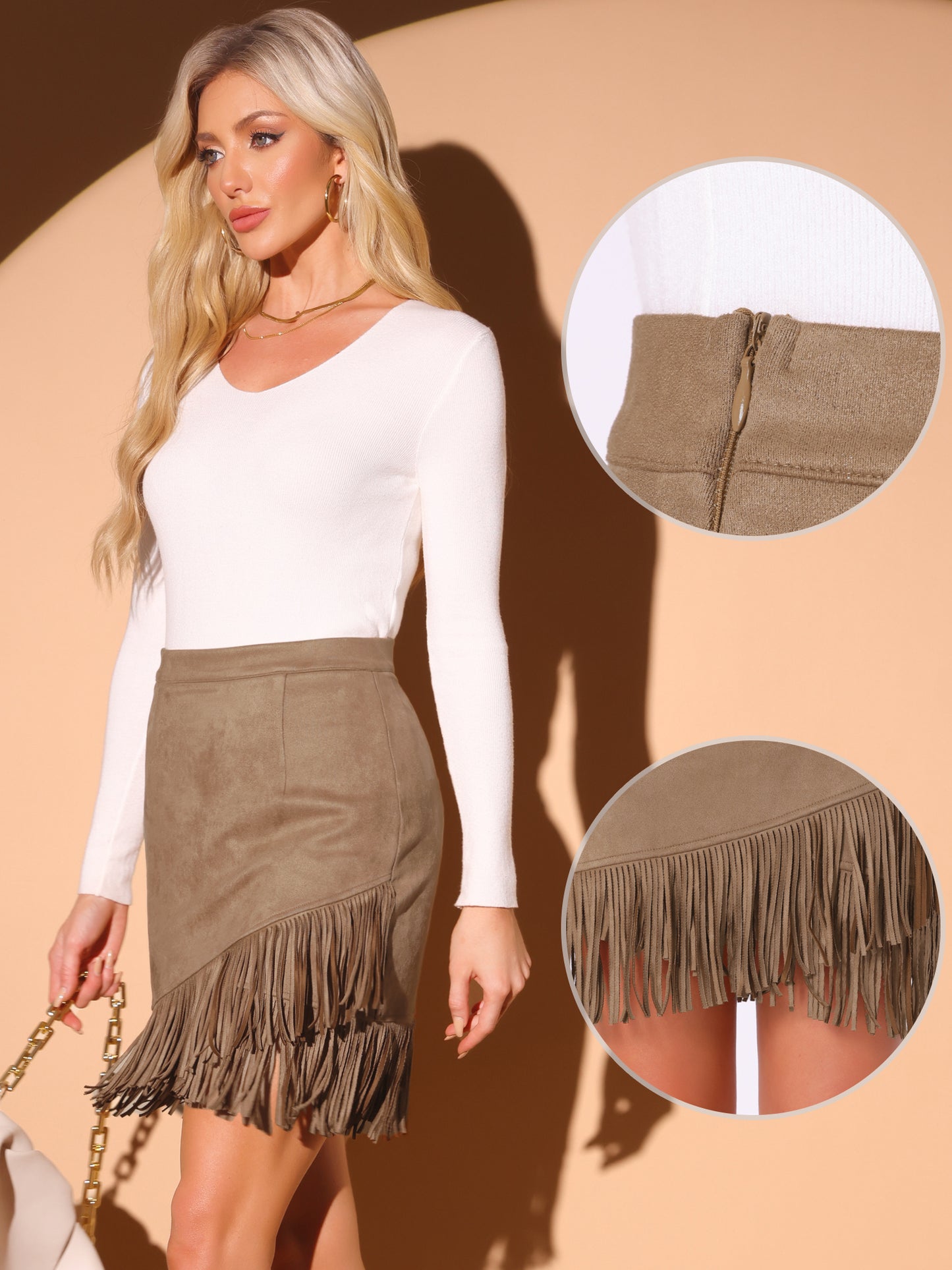 Women's Faux Suede Vintage High Waist Fringe Trim Stretch Bodycon Mini Skirt