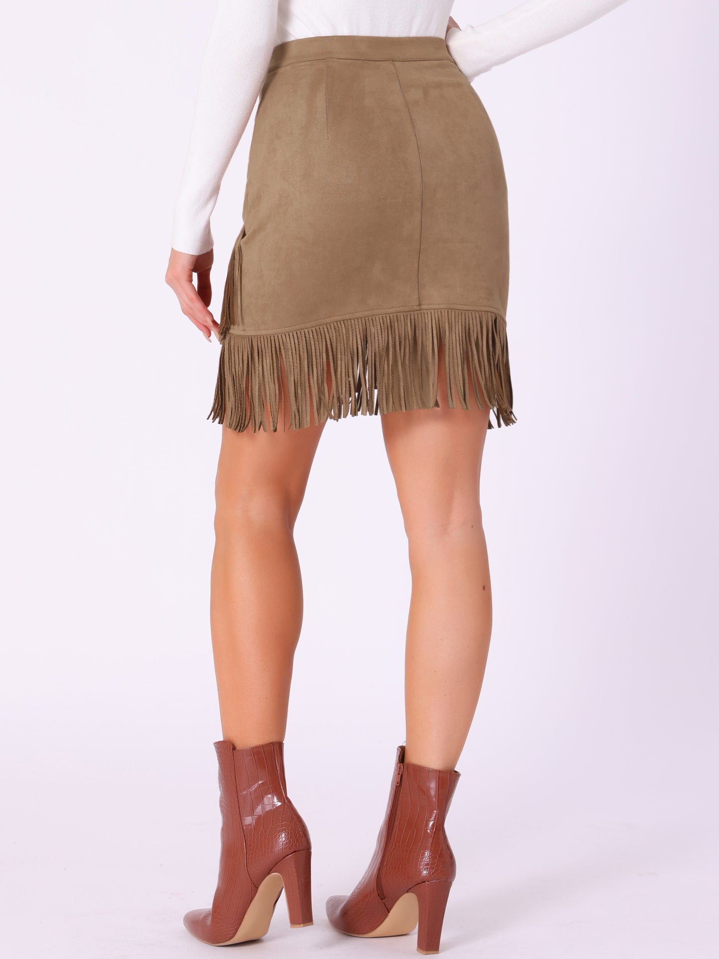 Women's Faux Suede Vintage High Waist Fringe Trim Stretch Bodycon Mini Skirt