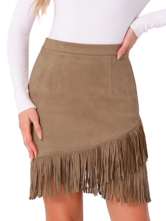Women's Faux Suede Vintage High Waist Fringe Trim Stretch Bodycon Mini Skirt