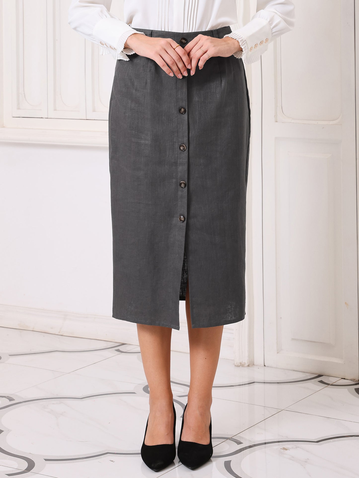 Women's Linen Skirts Slit Button Front Midi Pencil Skirt