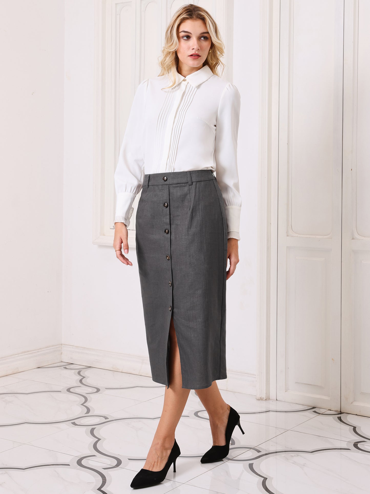 Women's Linen Skirts Slit Button Front Midi Pencil Skirt