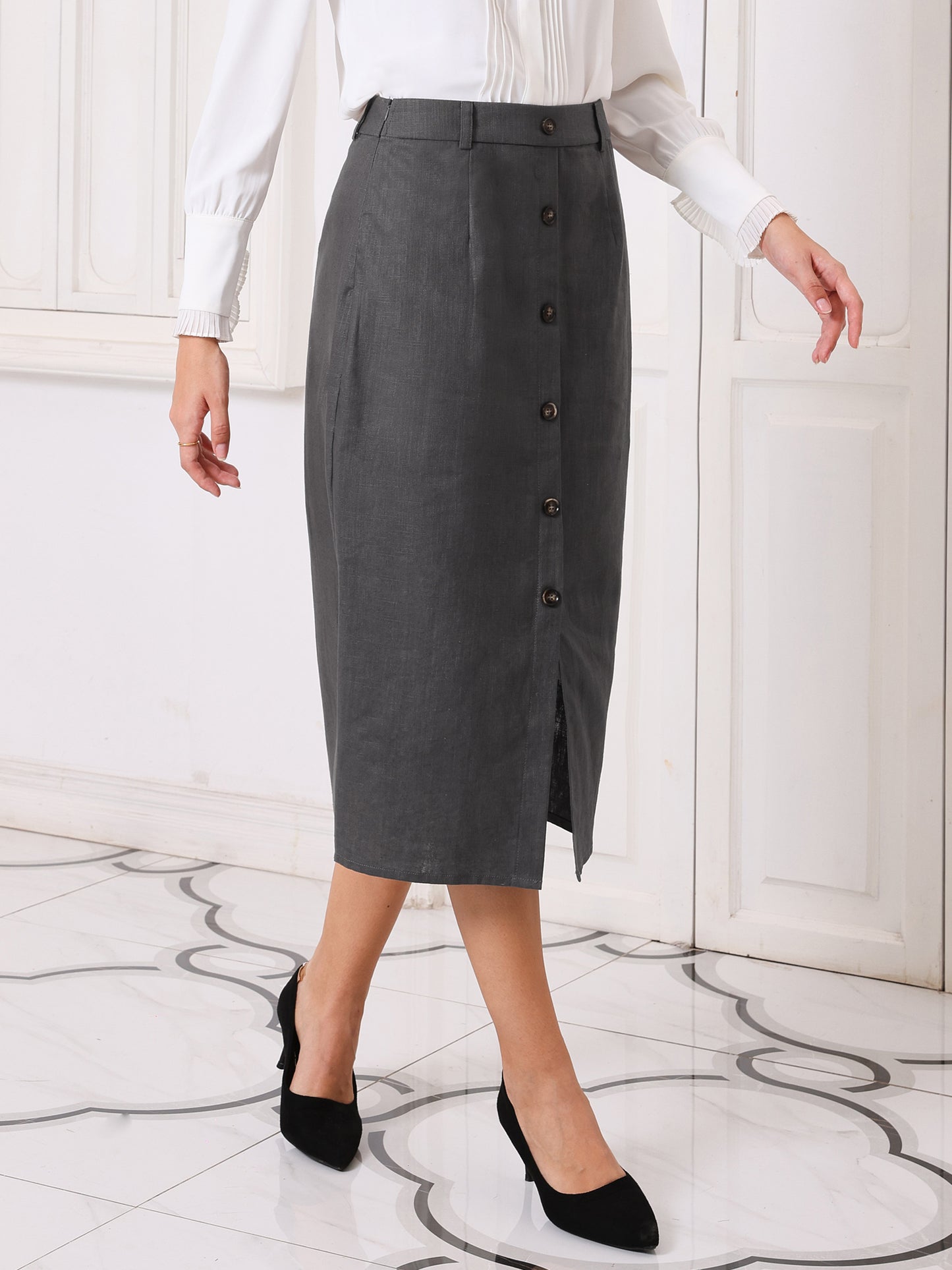 Women's Linen Skirts Slit Button Front Midi Pencil Skirt