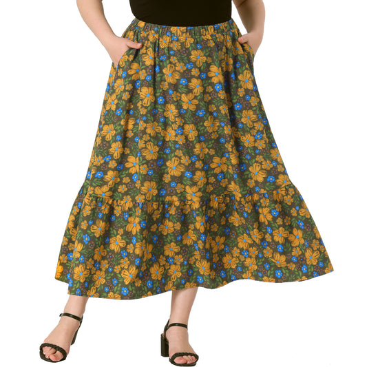 Faldas de talla grande para mujer, con estampado floral, cintura elástica, capas, línea A, con bolsillo, falda maxi de verano