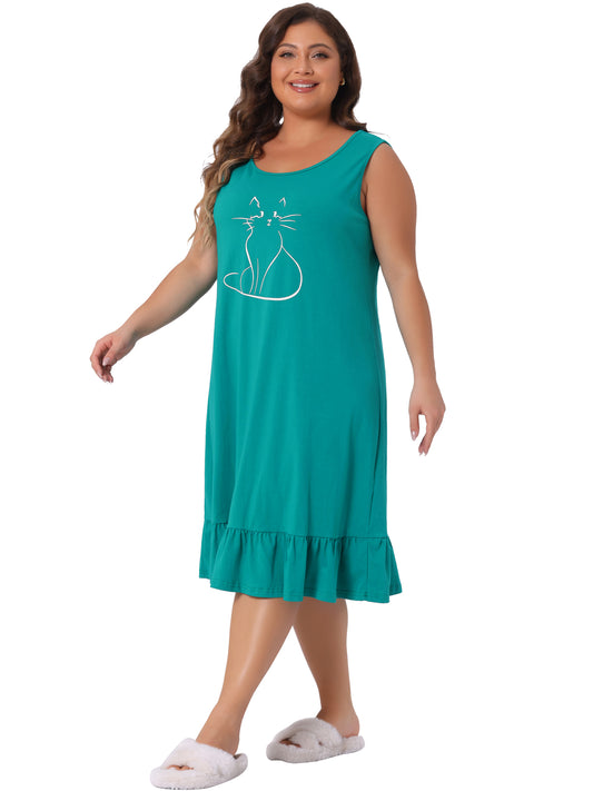 Women Plus Size Sleeveless Nightdress Cute Cat Sleepwear Pajamas Nightgown Loungewear