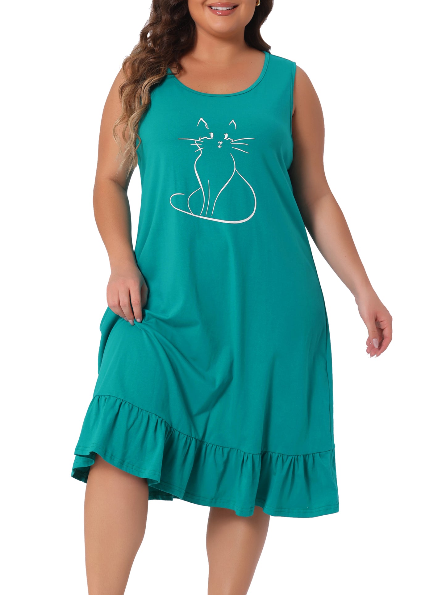 Women Plus Size Sleeveless Nightdress Cute Cat Sleepwear Pajamas Nightgown Loungewear