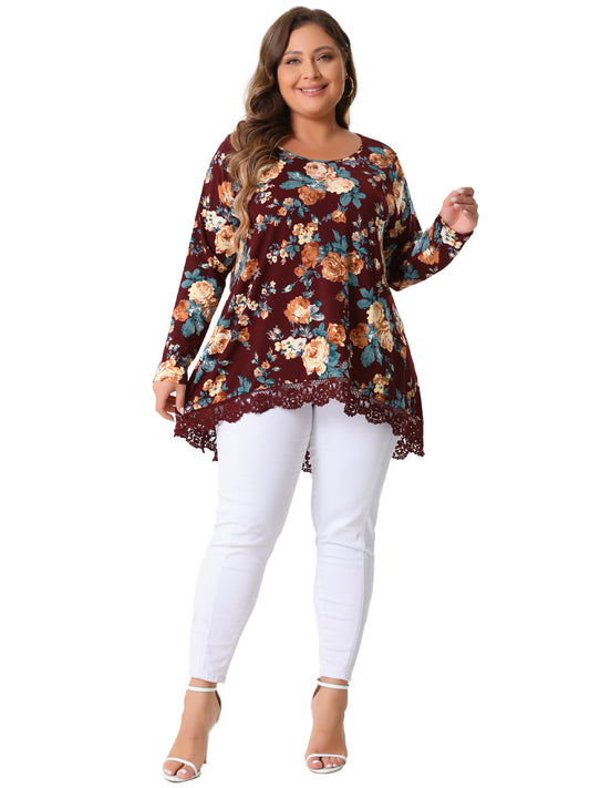 Women Plus Size Tops Crew Neck Lace Trim A-Line High Low Hem Floral Blouse Tunic Top