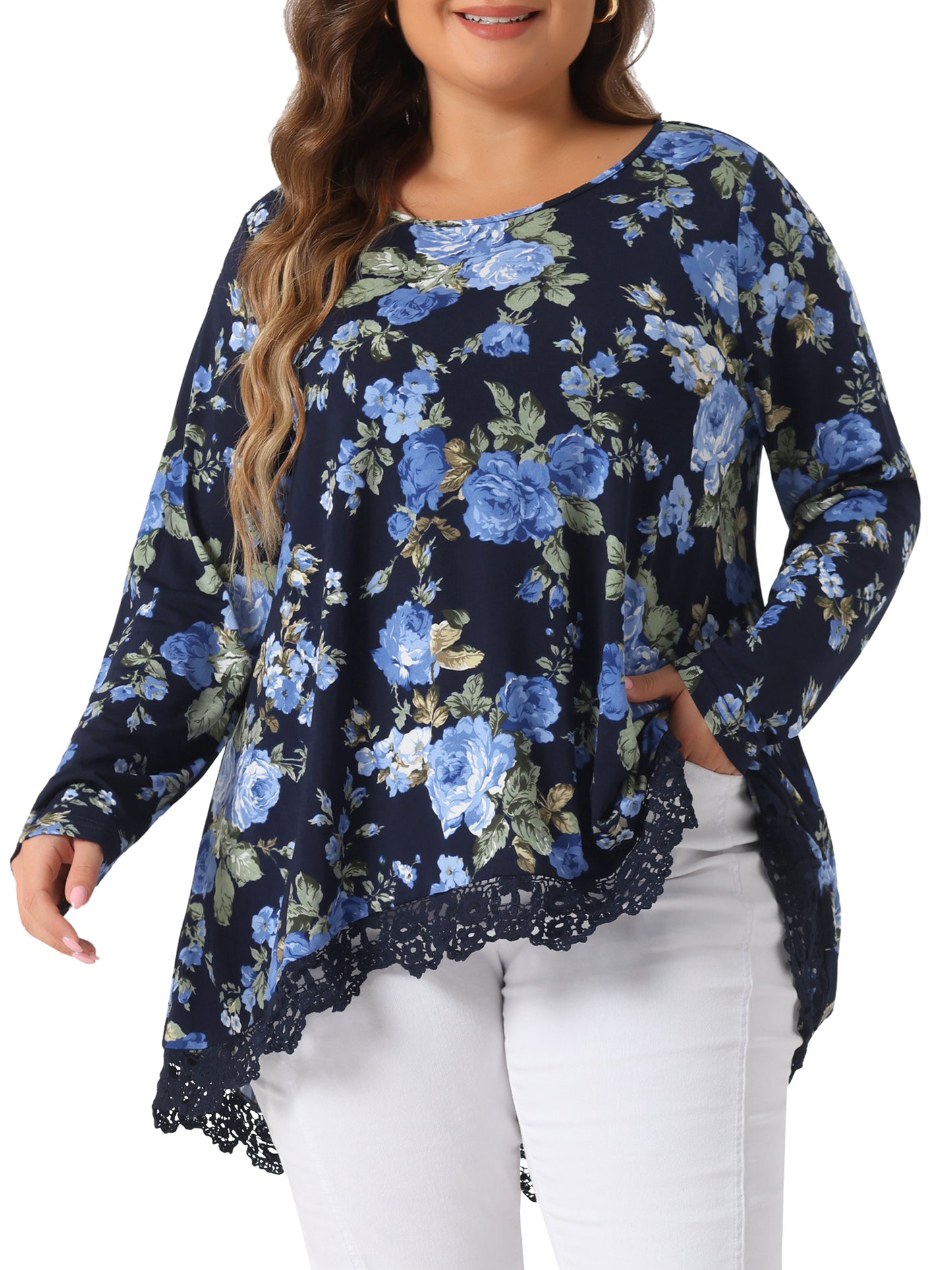 Women Plus Size Tops Crew Neck Lace Trim A-Line High Low Hem Floral Blouse Tunic Top