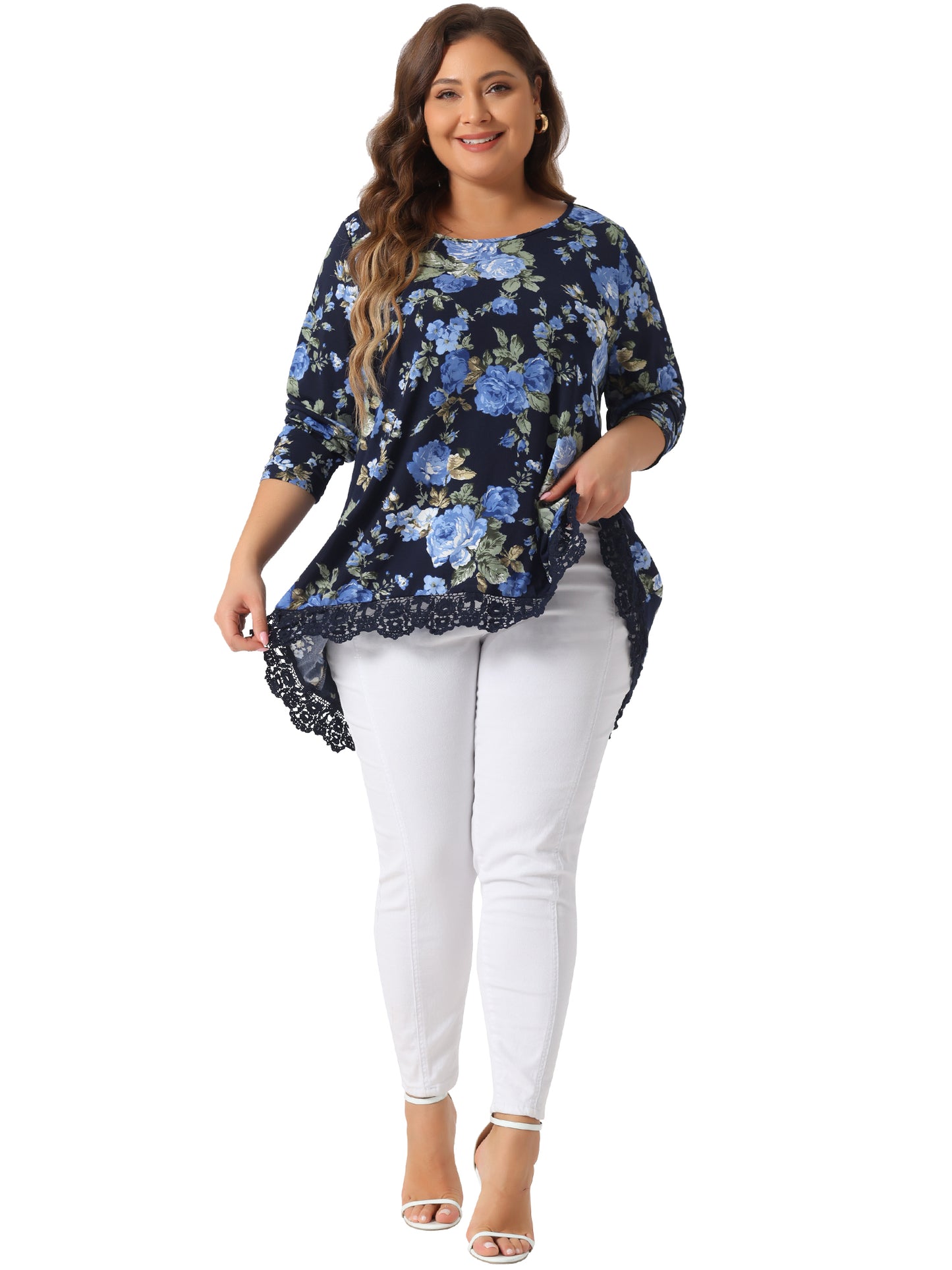 Women Plus Size Tops Crew Neck Lace Trim A-Line High Low Hem Floral Blouse Tunic Top