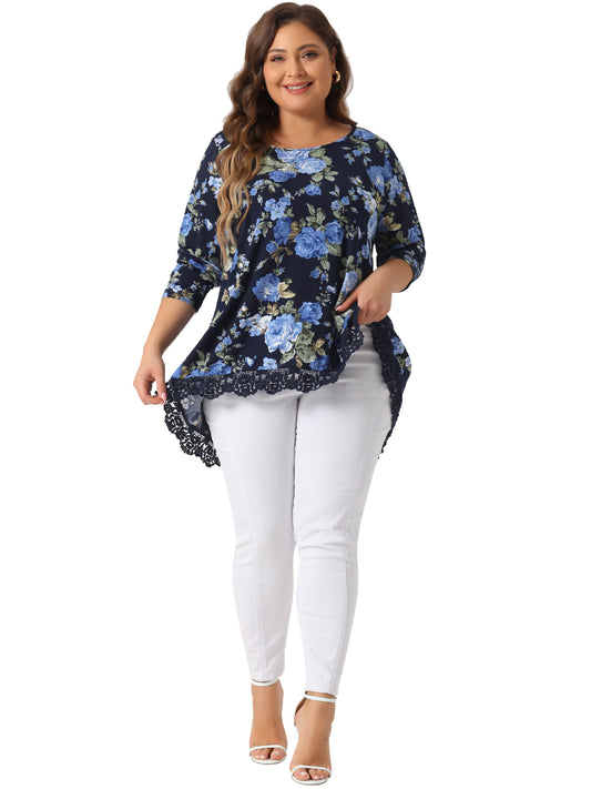 Women Plus Size Tops Crew Neck Lace Trim A-Line High Low Hem Floral Blouse Tunic Top