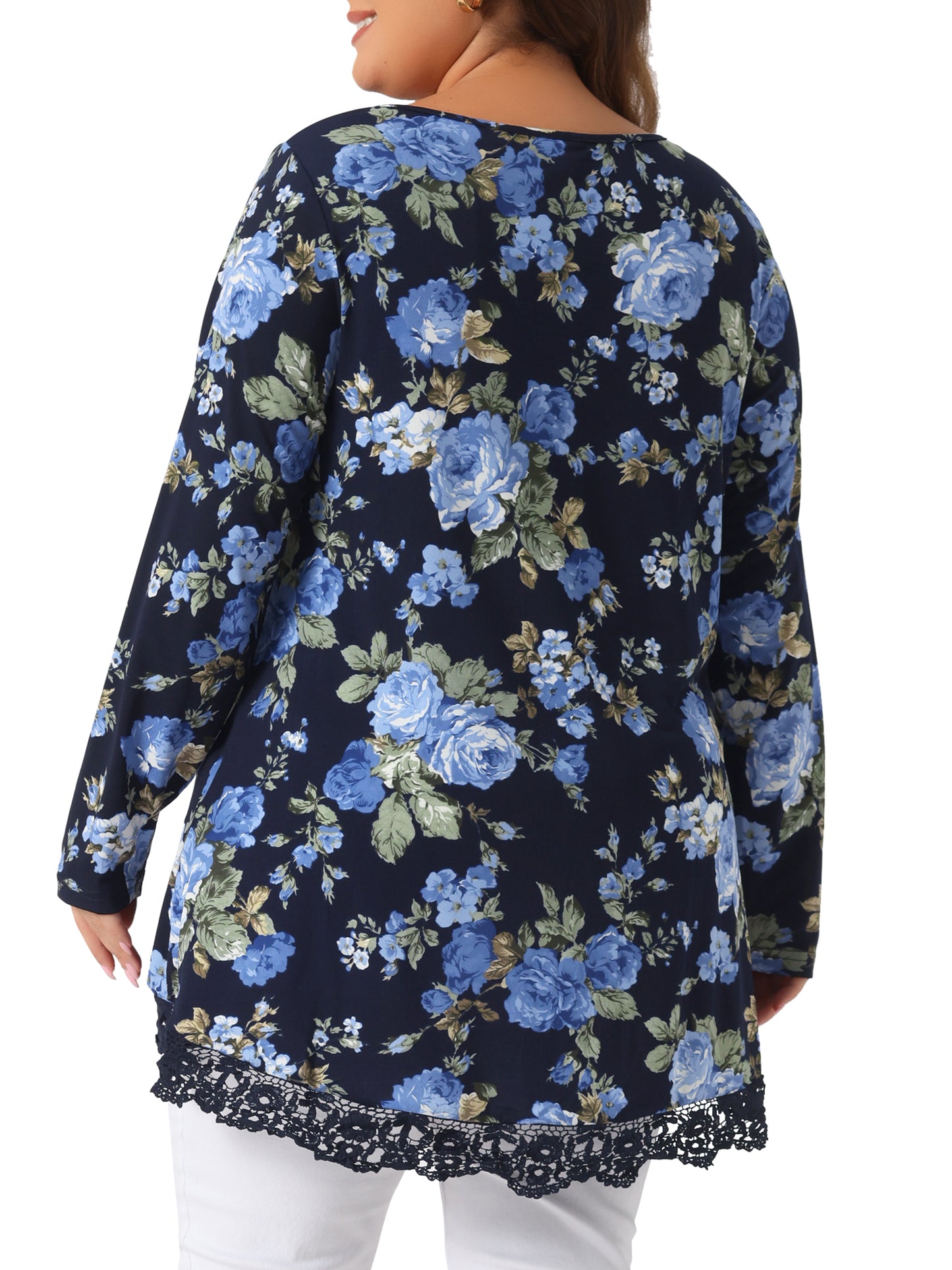 Women Plus Size Tops Crew Neck Lace Trim A-Line High Low Hem Floral Blouse Tunic Top