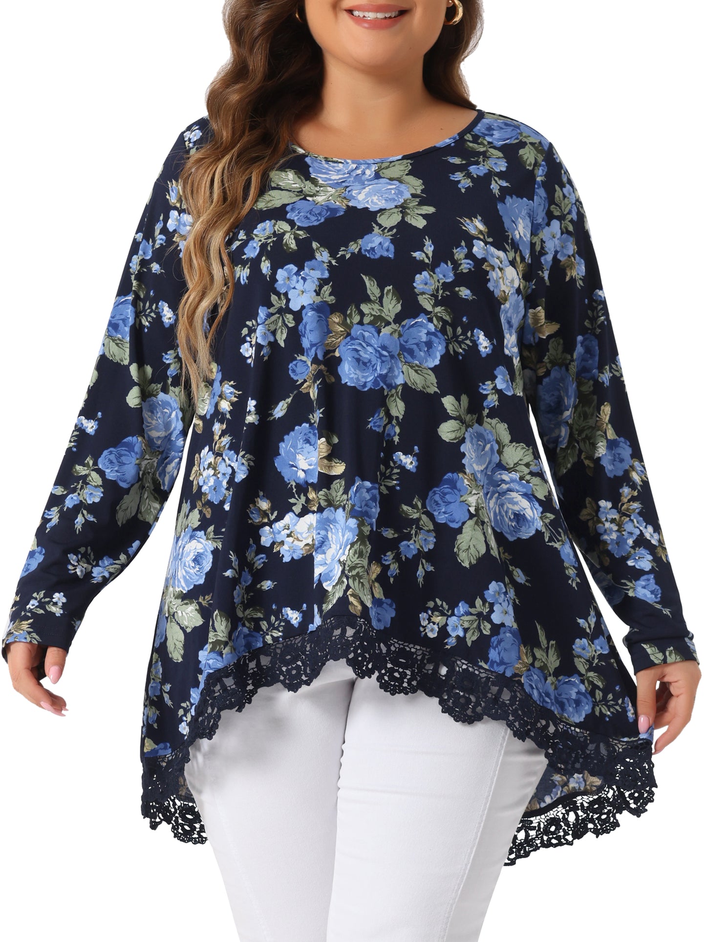Women Plus Size Tops Crew Neck Lace Trim A-Line High Low Hem Floral Blouse Tunic Top