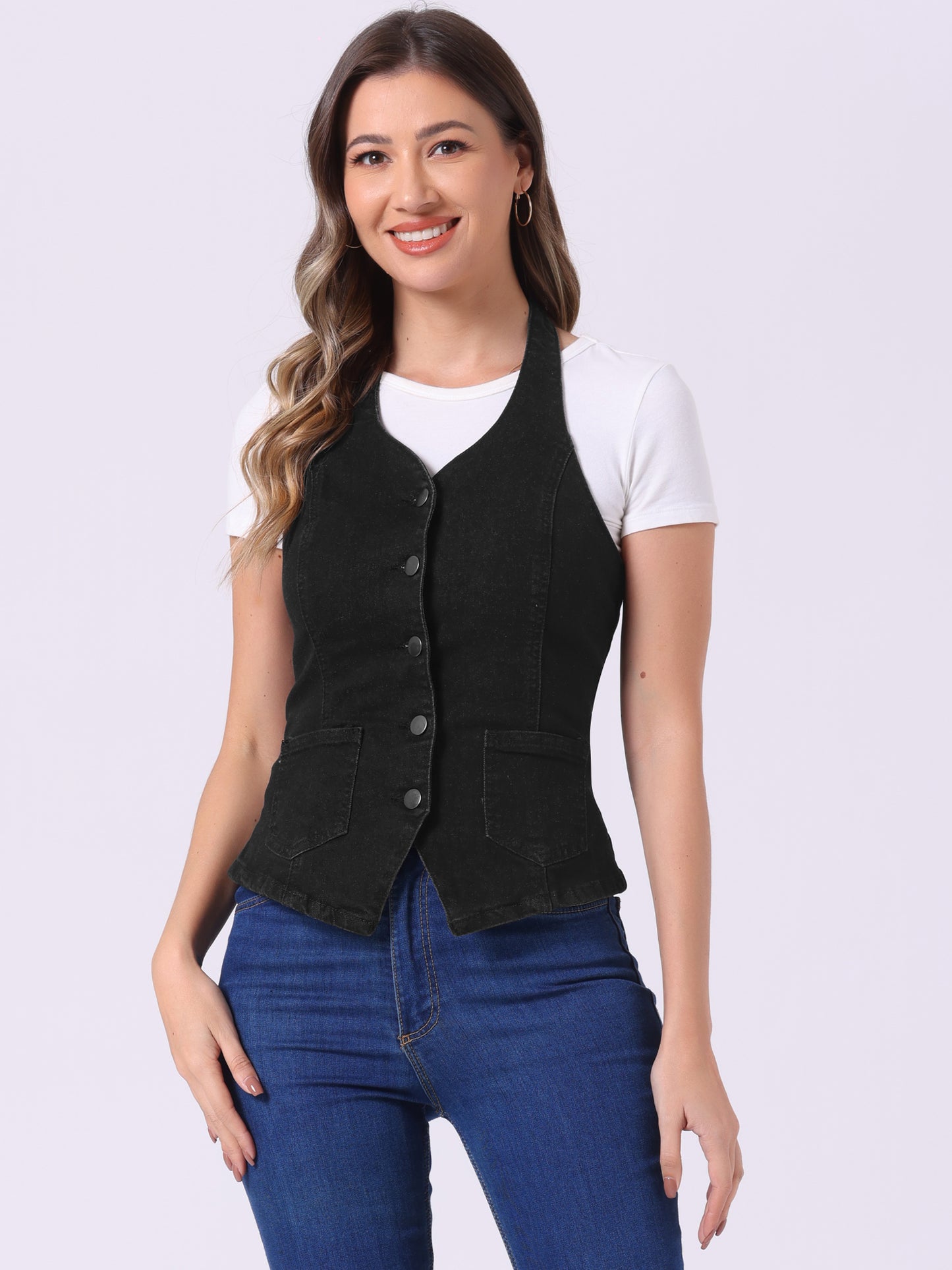 Women's Halter Neck Button Down Backless Denim Vest Waistcoat