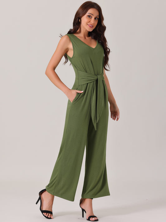 Women's V Neck Sleeveless Jumpsuits Belted High Waist Stretchy Wide Leg Casual Jumpsuit with Pockets