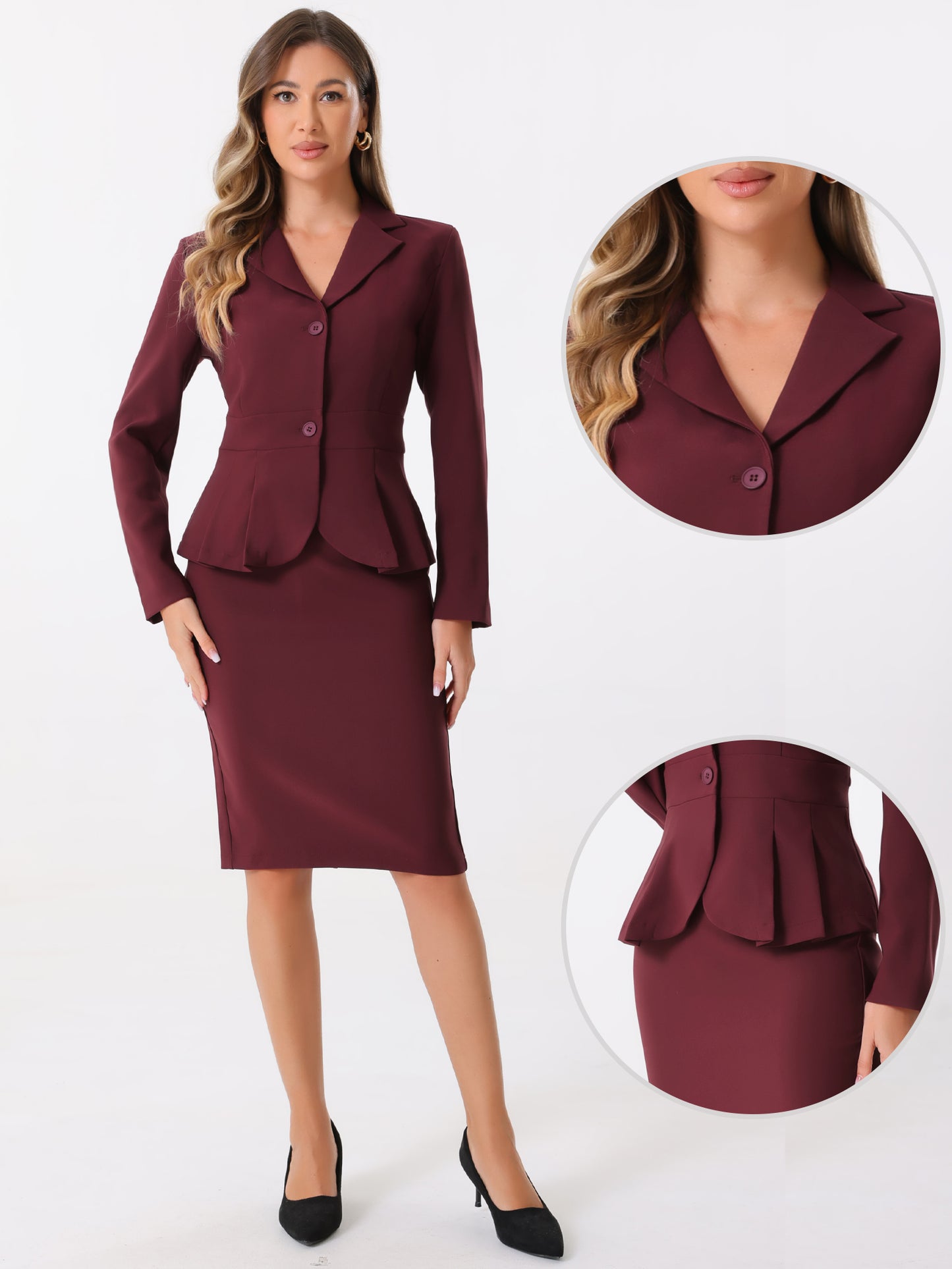 Women's 2 Piece Skirt Suit Set Formal Notched Lapel Peplum Blazer Pencil Skirt (Available in Plus Size)