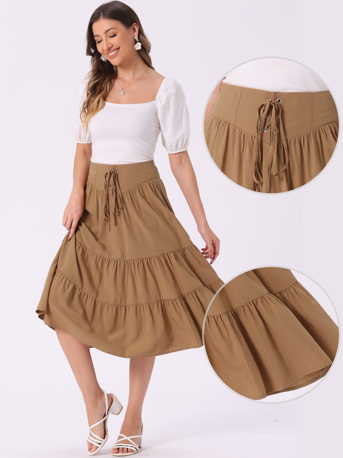 Women's Boho Midi Skirt Lace-Up Smocked Back Pleated A-Line Skirt