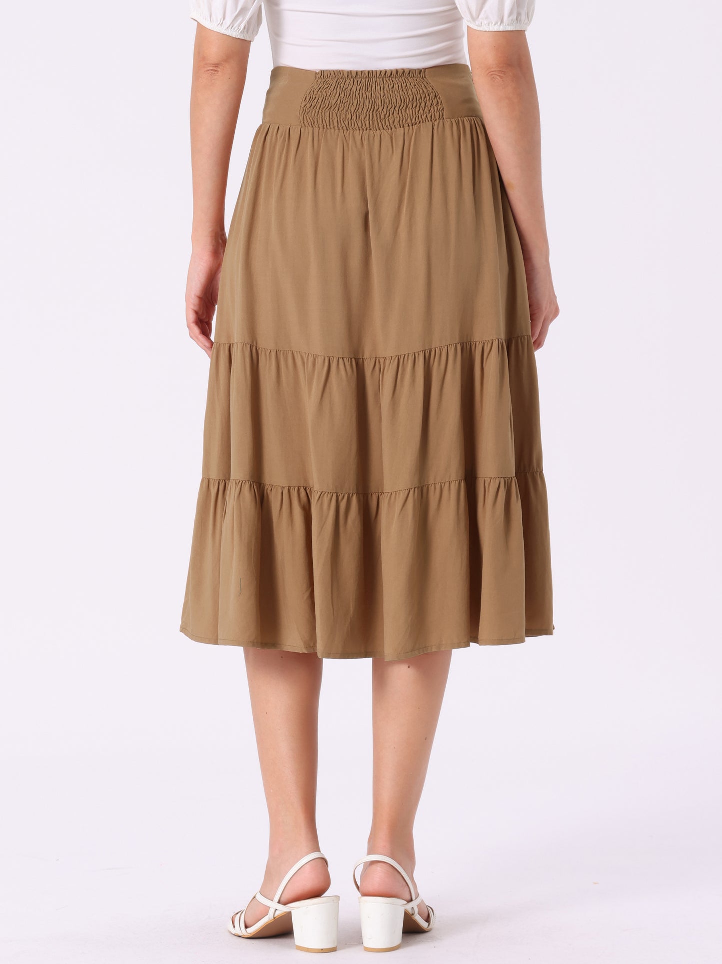 Women's Boho Midi Skirt Lace-Up Smocked Back Pleated A-Line Skirt