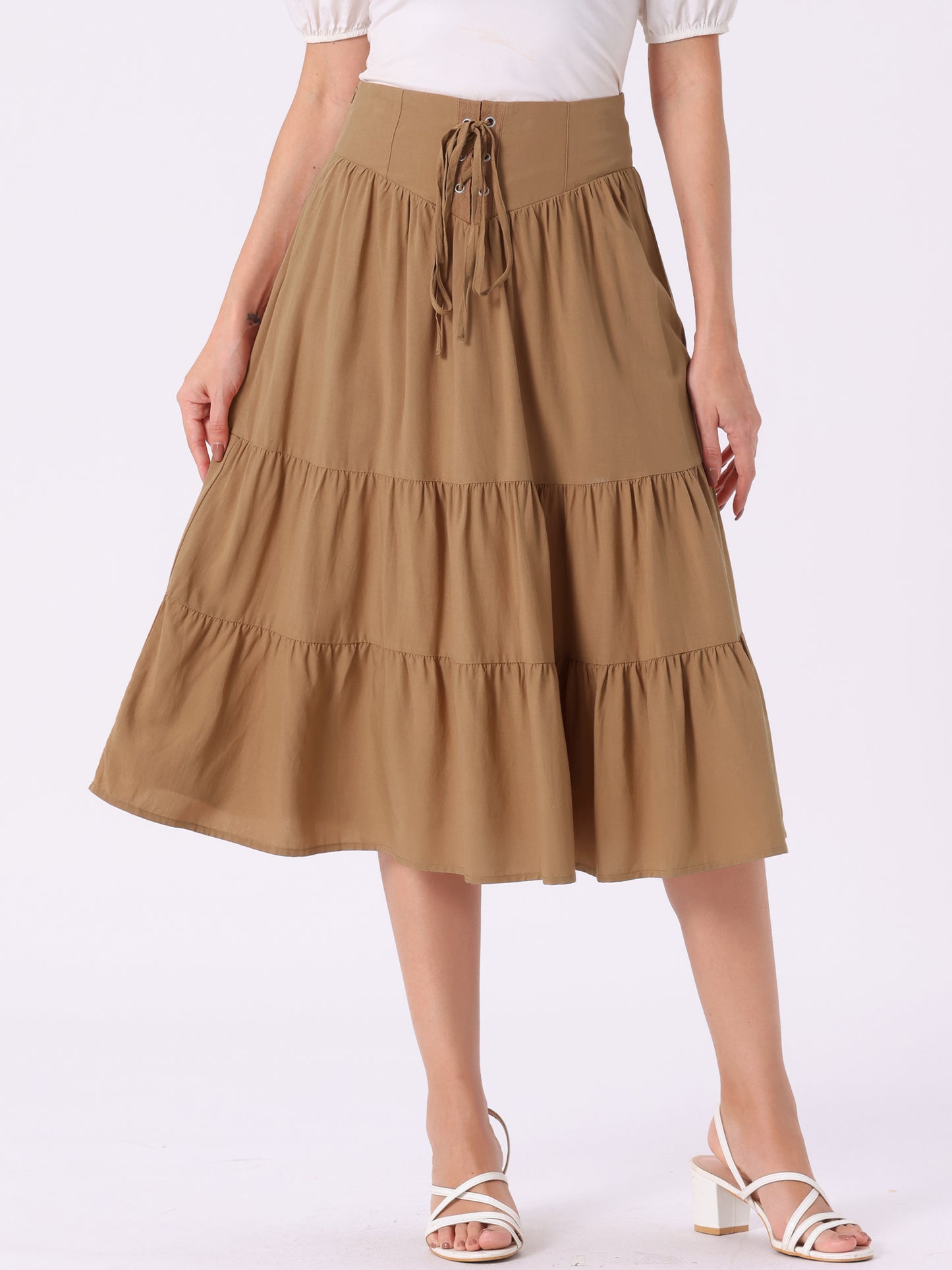 Women's Boho Midi Skirt Lace-Up Smocked Back Pleated A-Line Skirt