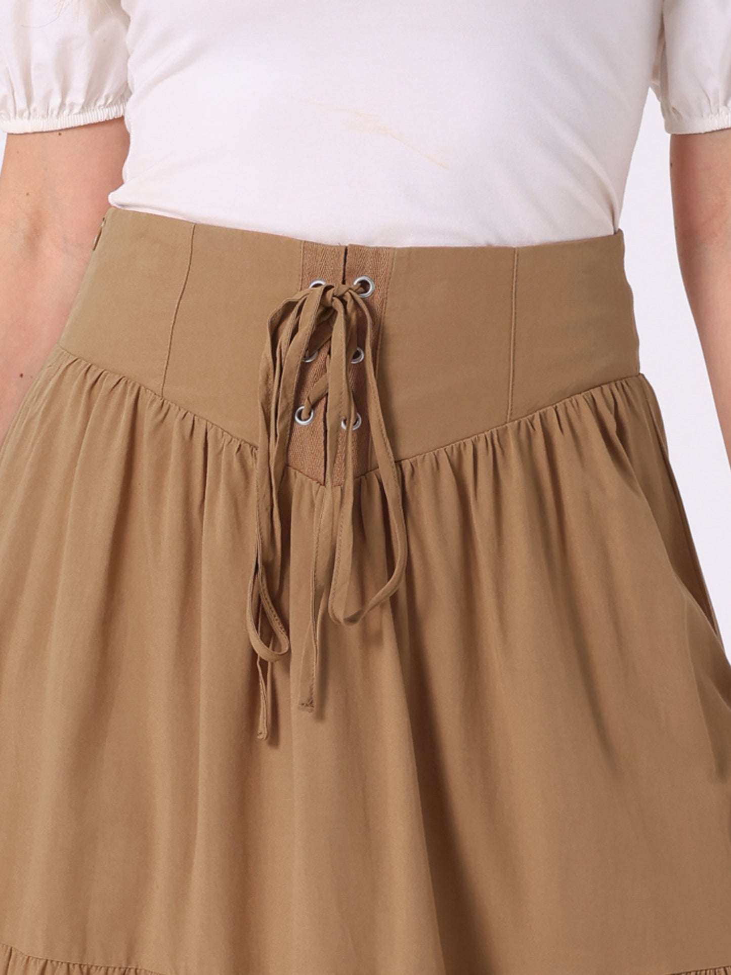 Women's Boho Midi Skirt Lace-Up Smocked Back Pleated A-Line Skirt