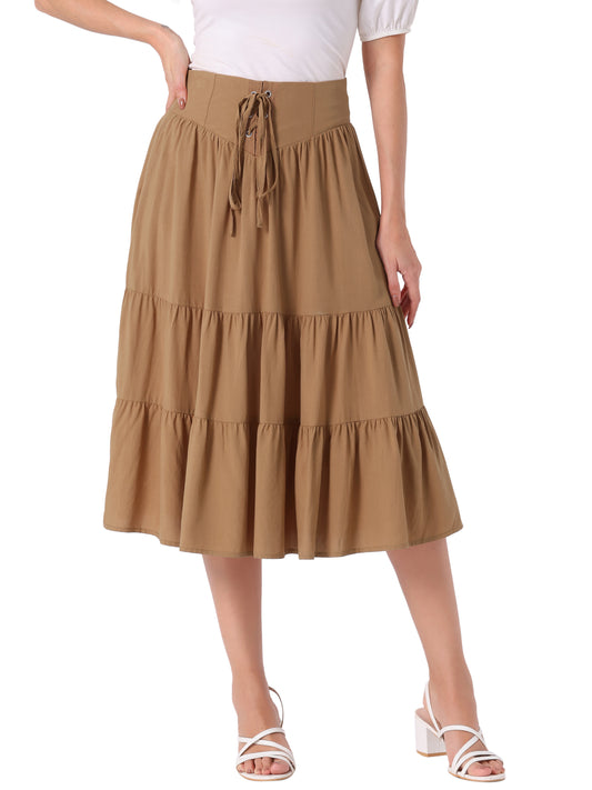 Women's Boho Midi Skirt Lace-Up Smocked Back Pleated A-Line Skirt