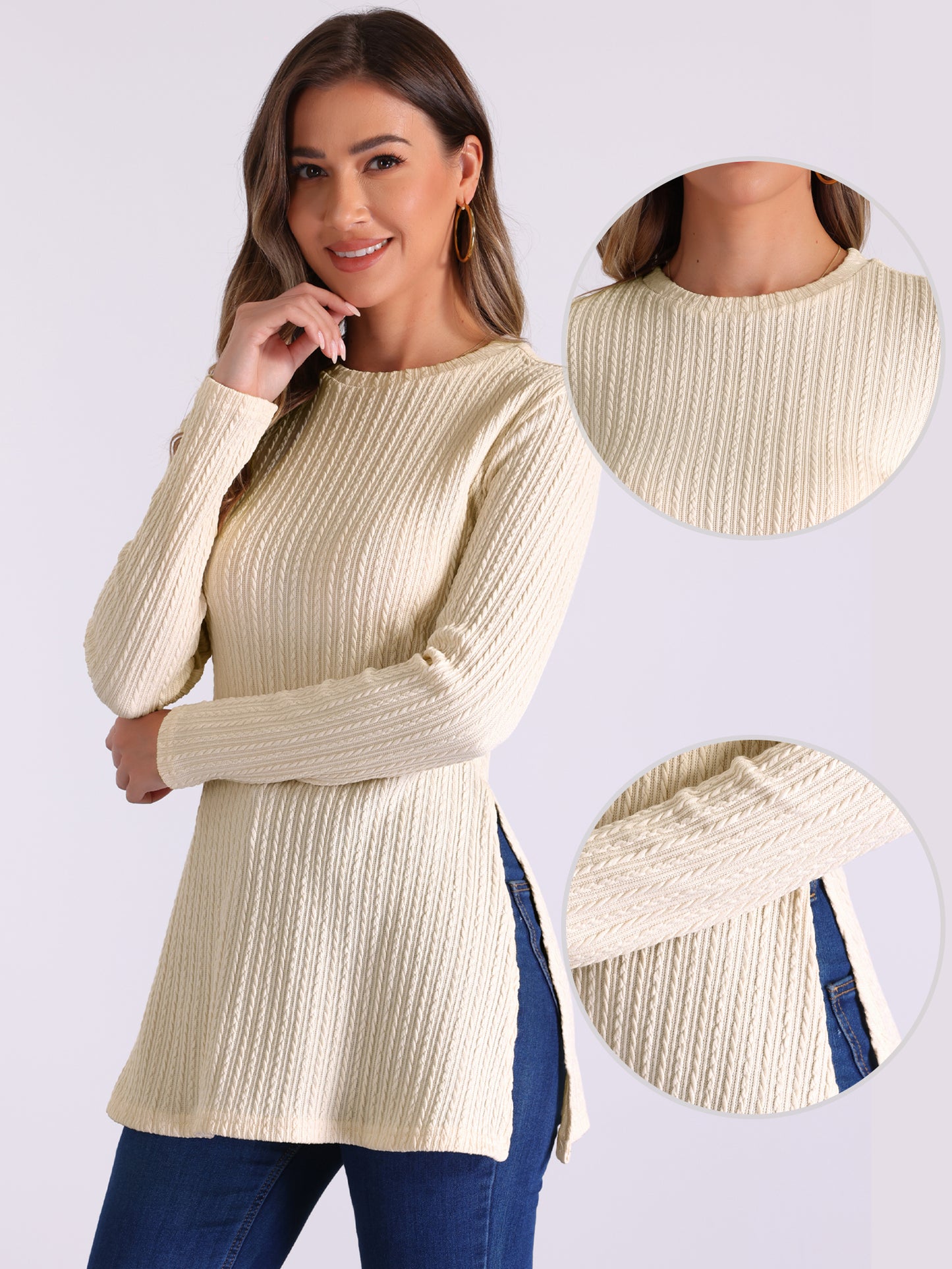Women's Casual Long Sleeve Pullover Split Hem Crewneck Textured Tunic Top