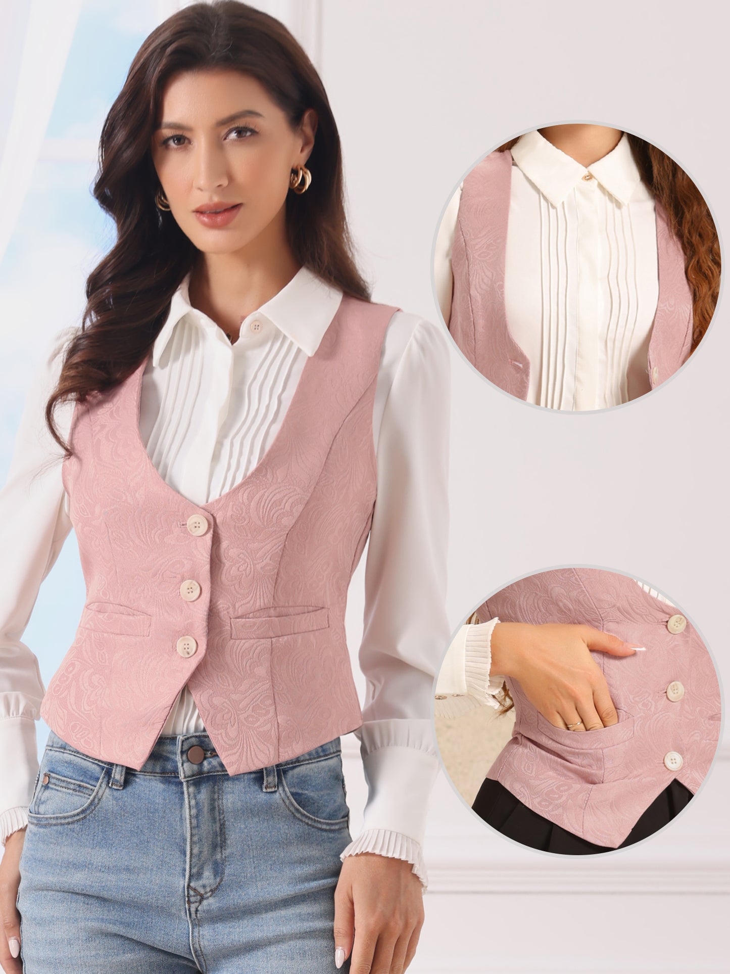 Women's Vintage Button Up Jacquard Steampunk Suit Waistcoat Vest with Pockets (Available in Plus Size)
