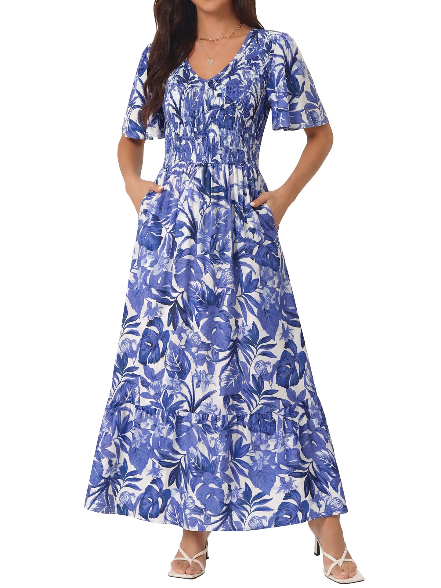 Women's Summer Dresses Casual Floral Short Sleeve V Neck Smocked Flowy Maxi Dress with Pockets