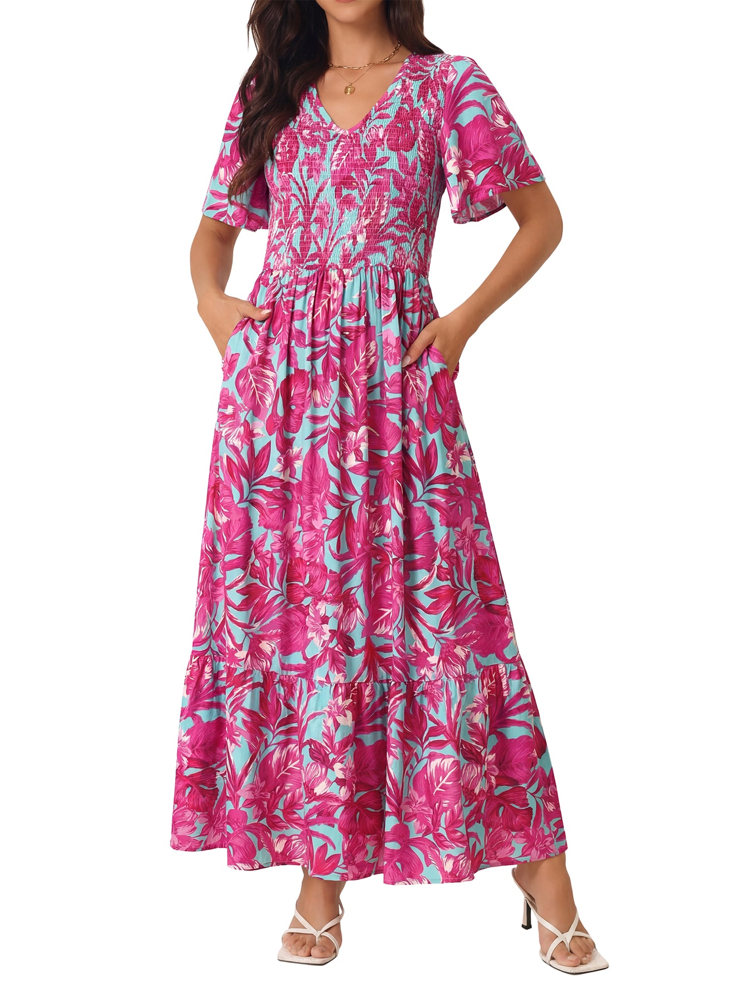 Women's Summer Dresses Casual Floral Short Sleeve V Neck Smocked Flowy Maxi Dress with Pockets