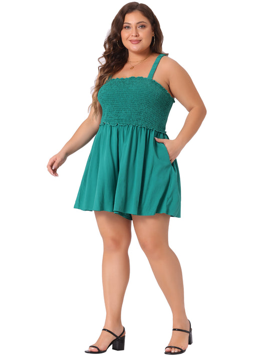 Women Plus Size Summer Sleeveless Rompers Square Collar Flowy Short Jumpsuit with Pockets